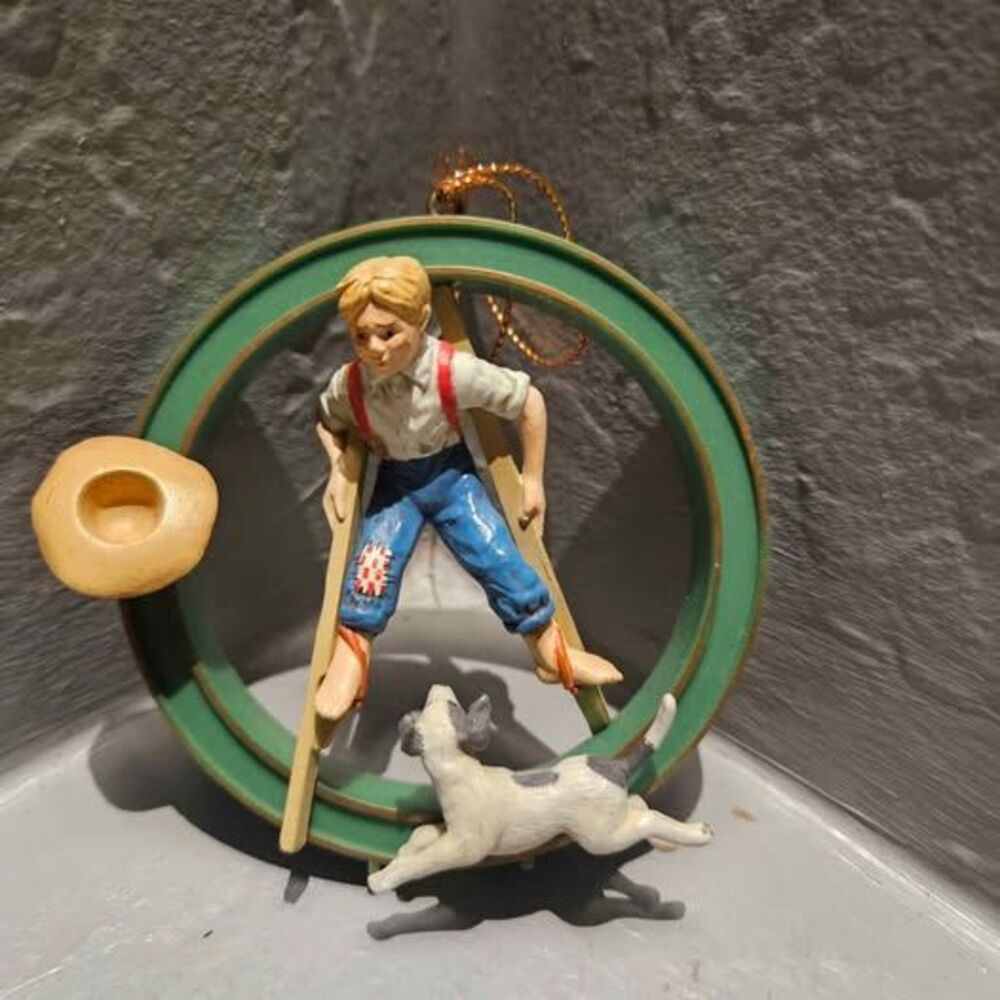 Vintage 1986 Boy on Stilts with Dog Christmas Ornament Norman Rockwell